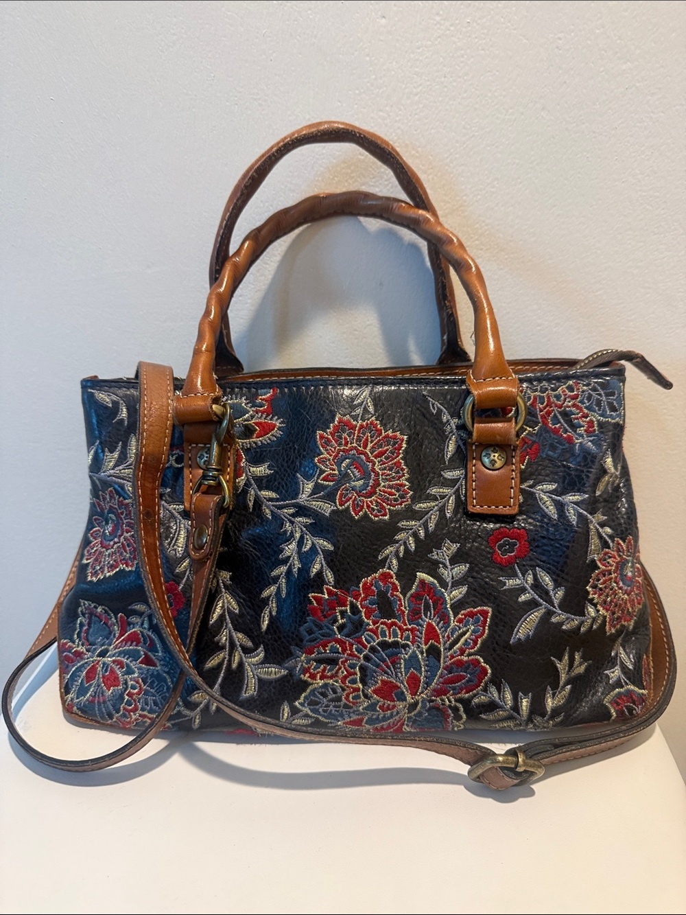 Patricia Nash Embroidered Floral Satchel  in Deep Navy and Brown Trim
